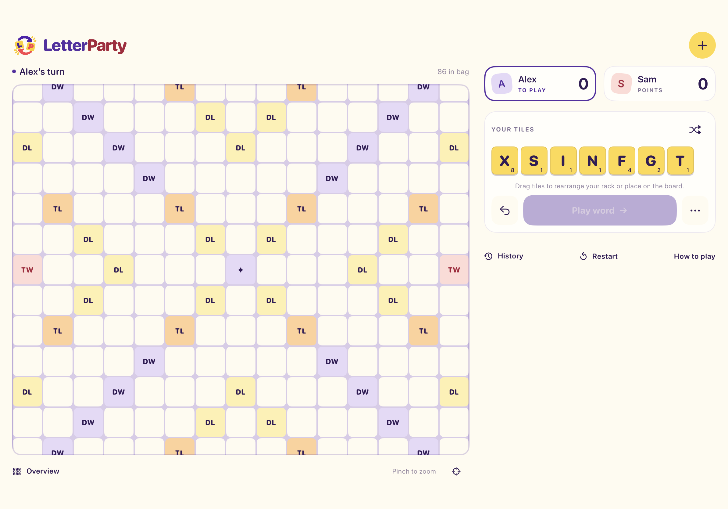 LetterParty on iPad with the board beside scores, rack, and turn controls