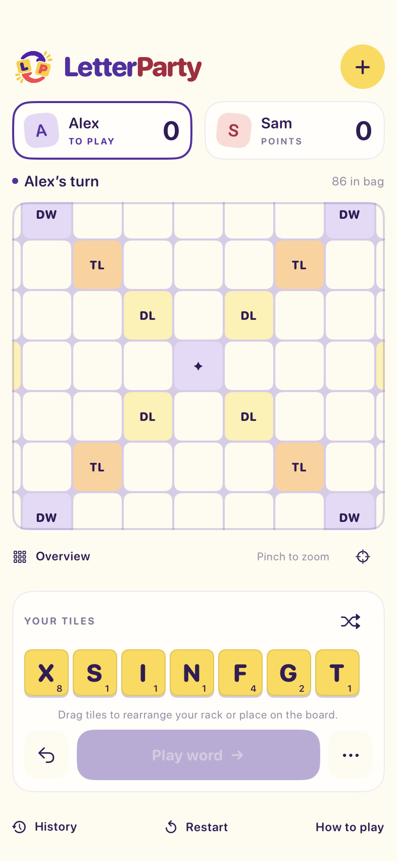 LetterParty iPhone screen with a zoomable board, player scores, and yellow rack tiles