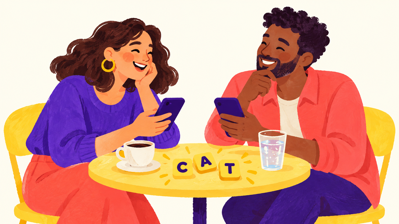 Illustration of two friends enjoying a word-game break together at a café table