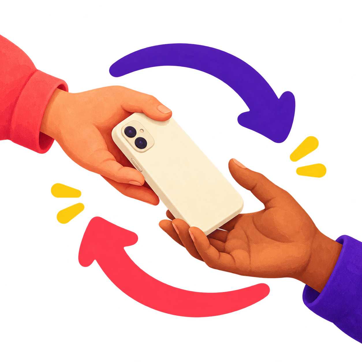 Illustration of two friends passing a phone, surrounded by the purple and coral Pass It On arrows